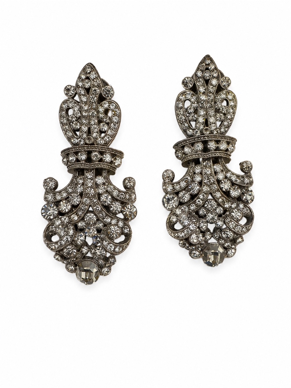 Vintage Signed Tara Gray Crystal Bronze Tone Dangle hinged Glam Clip-On Earrings